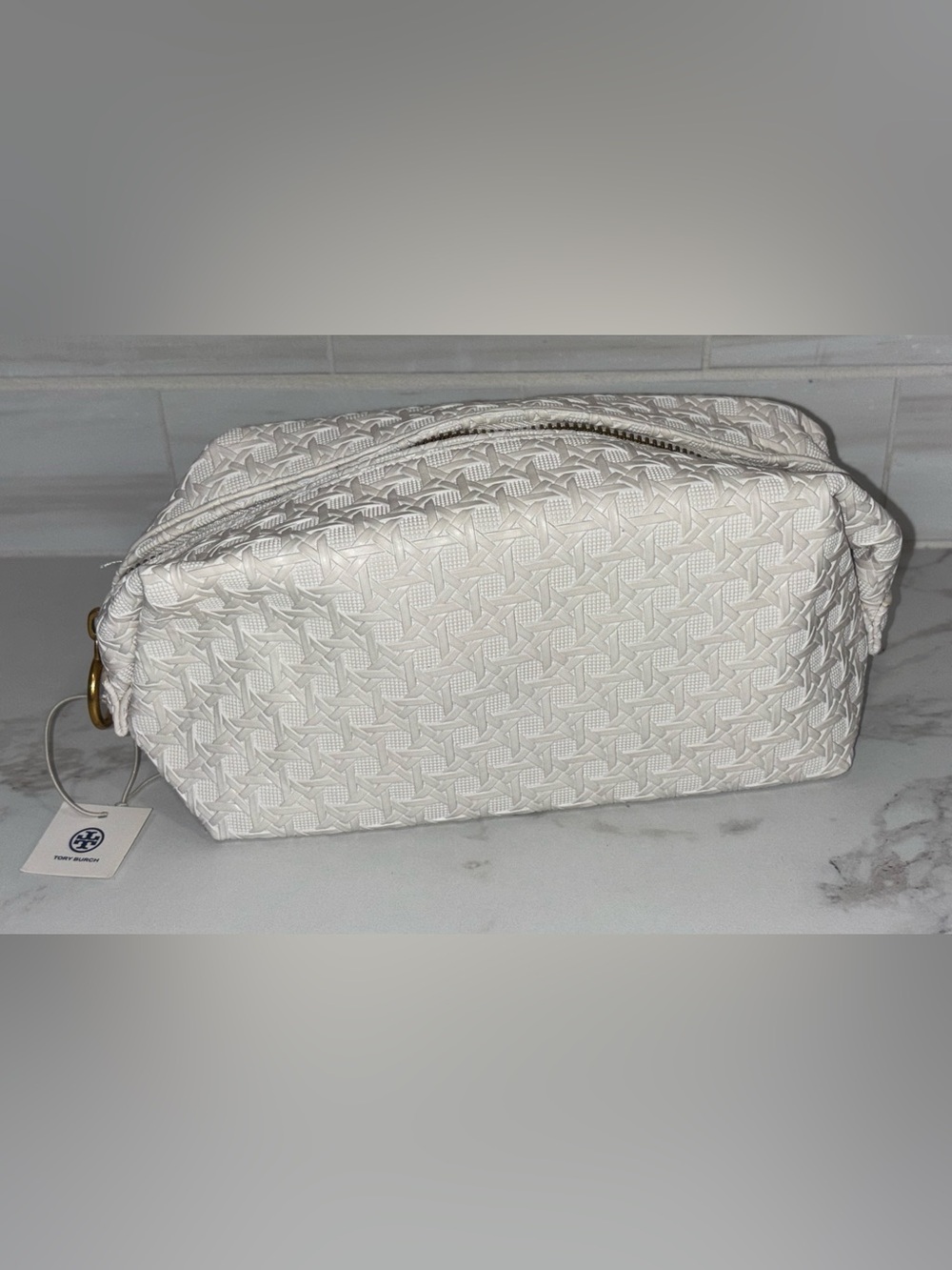 Tory Burch White Embossed Logo Cosmetic Pouch